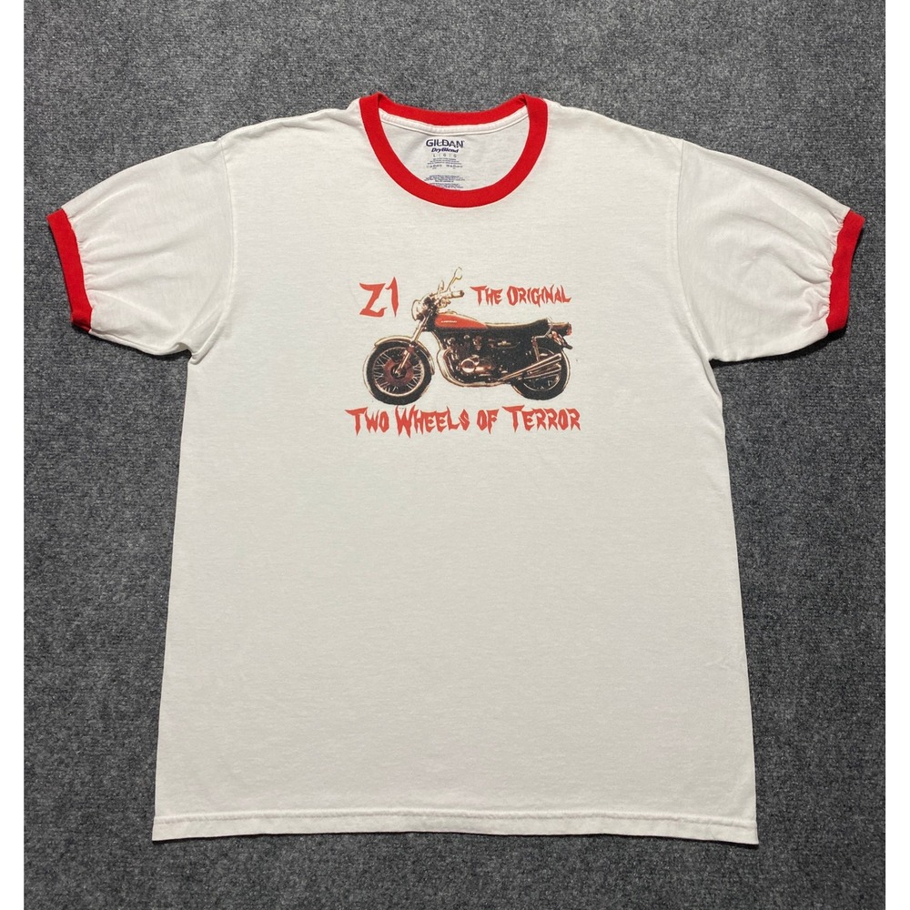 Kawasaki Z1 The Original Two Wheels Of Terror Ringer T Shirt Mens L White Red